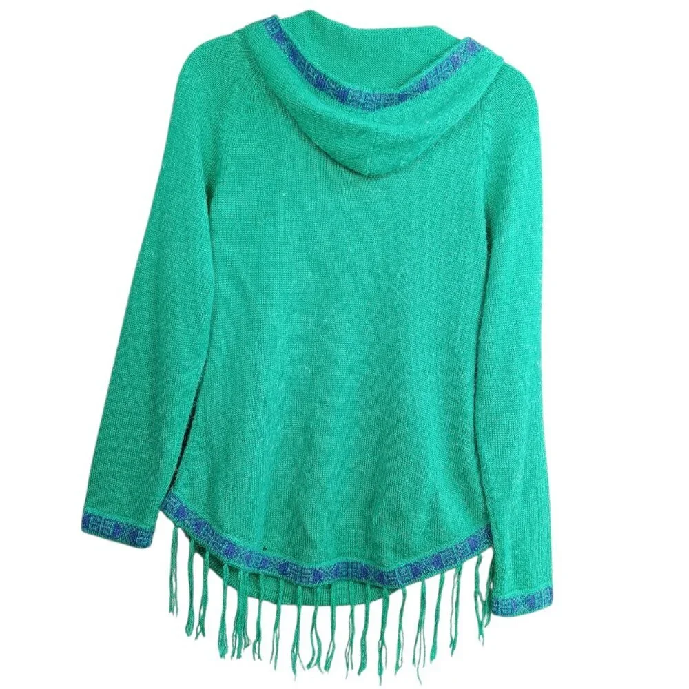 ALPACA CONNECTION Women's Hoodie Sweater XL Green Fringe Boho Hippie Aztec - Picture 2 of 8